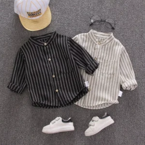 Boy Striped Mandarin Collar Shirt
