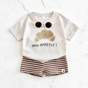 Boy Croissant Waffle Top & Striped Shorts Set