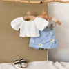 Baby Puff Sleeve Top & Floral Skort Set