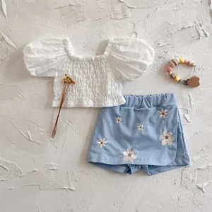 Baby Puff Sleeve Top & Floral Skort Set