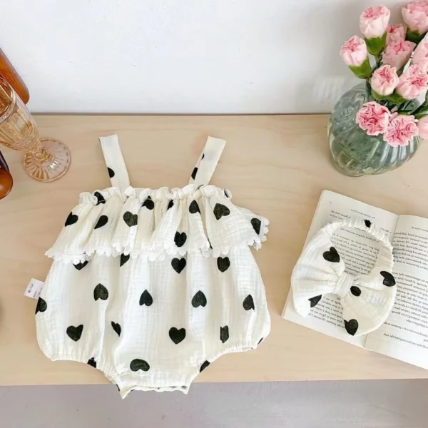 Baby Heart Print Ruffle Romper Set