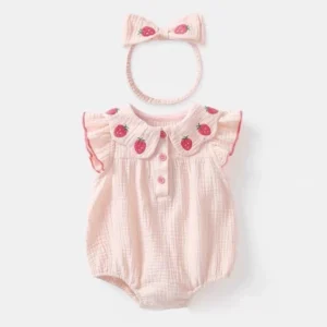 Baby Strawberry Embroidered Romper Set