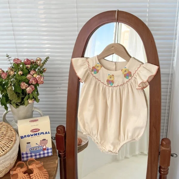 Baby Bear Embroidered Flutter Sleeve Romper